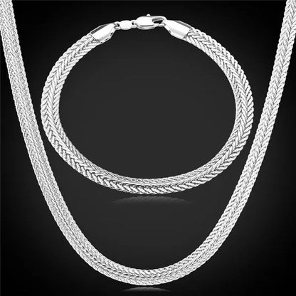 FASHION 925 Sterling Silver Men Party Jewelry Men's Foxtail Chain Necklace Bracelet Jewelry Set