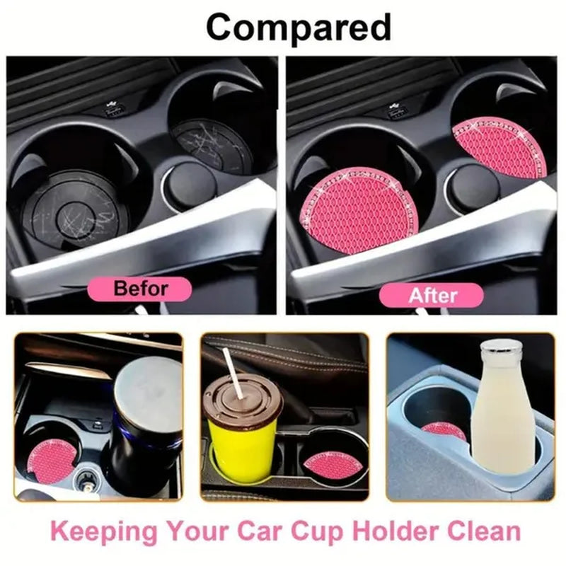 1Pc/2Pcs Car Cup Coaster, Crystal Rhinestone Car Interior Accessories, Easy To Clean, Non-Slip, Heat Resistant, Universal 7cm Anti-Slip Silicone Cup Holder Coasters For Car, Cute Vehicle Interior Decor