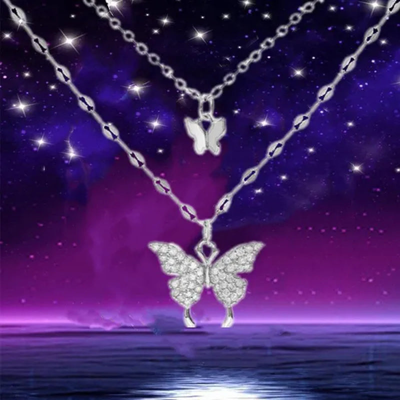 Delicate and Creative Women's Zircon Necklace Butterfly Necklace Double Layer Necklace Women's Geometric Necklace Butterfly Necklace Fashion Women's Jewelry Accessories Festival Wedding Engagement Valentine's Day Anniversary Gift Christmas Gift Jewelry