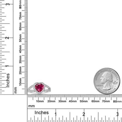 925 Sterling Silver Red Created Ruby and White Moissanite Ring for Women (2.41 Cttw, Gemstone July Birthstone, Heart Shape 8MM, Available in Size 5,6,7,8,9)