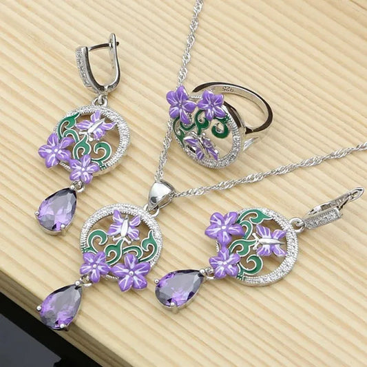 Purple Amethyst Silver 925 Jewelry Sets Charm Enamel Butterfly Flower Earrings Women Handmade Decoration Jewellry