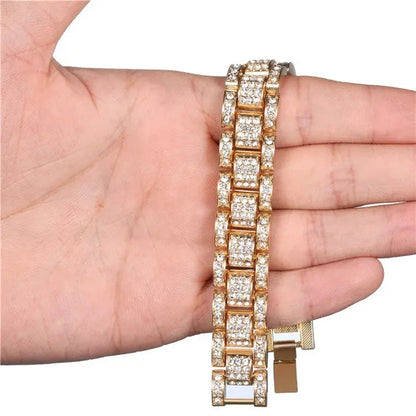 Mens fashion 24K Gold / 925 Silver Plated Solid Stainless Steel Chain Iced Diamond Thick Miami Cuban Link Chain DIAMOND Bracelet Hip hop Jewelry
