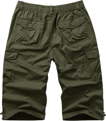Men'S Cargo Shorts Casual Twill Elastic 3/4 Capri Pants below Knee Long Shorts with 7 Pockets