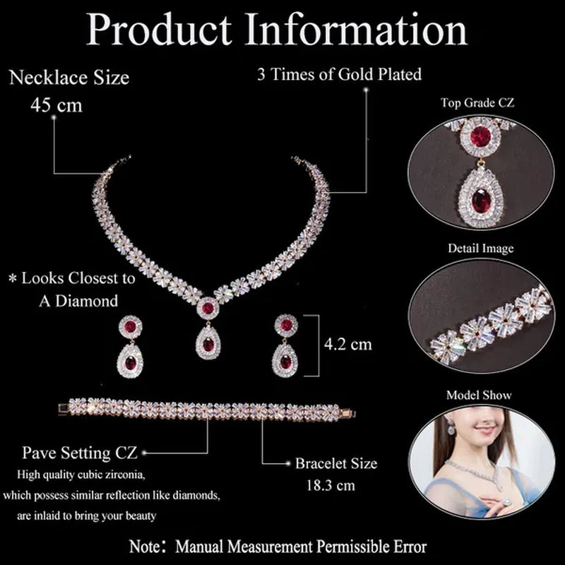 Gloriya Sparkling Cubic Zirconia Water Drop Pendant Necklace Earrings and Bracelet for Women White Gold Plated Latest Luxury Bridal Wedding Jewelry 3 Pcs Set