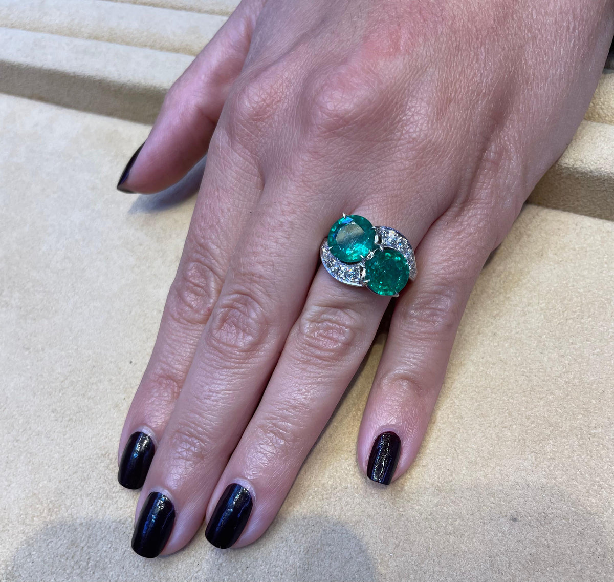 Vintage 1950s Platinum Emerald and Diamond Cluster Cocktail Ring