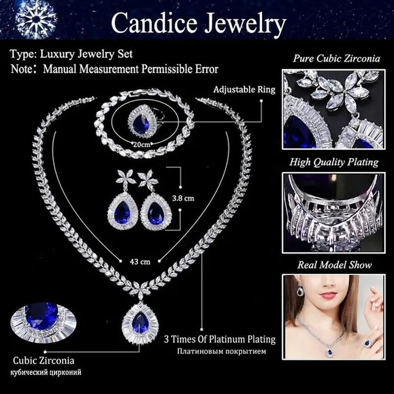 CANDICE Luxurious CZ Wedding 4 Pcs Set For Bridal Sparkling Water Drop Blue Zirconia White Gold Plated Necklace Earrings Bracelet Ring Sets