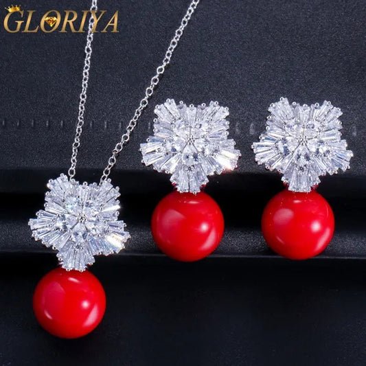Gloriya High Quality Red Pearl Pendant Necklace Earrings Sets With Sparkling CZ Zirconia Snowflake Christmas Jewelry Set For Women Gifts