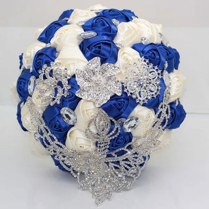 21CM Luxury Crystal Brooch Bridesmaid Bridal Bouquet Shiny Rhinestone Tassel Wedding Flower Bouquet Ribbon Silk Rose Artificial Flower Wedding Supplies