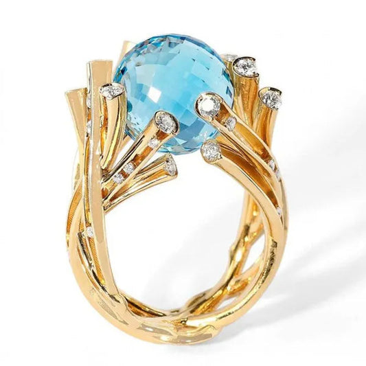 Blue Crystal Ball Ring Blue Stone Ring Branch Inlaid Zircon Rings for Women Romantic Valentine's Day Gift Anniversary Engagement Wedding Ring Jewelry