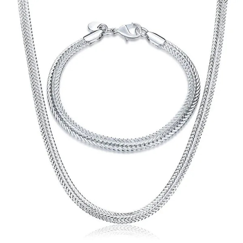 2Pcs 925 Sterling Silver Flat Snake Bone Chain Necklace Bracelet for Man Women Fashion Punk Charm Jewelry Set