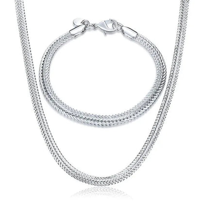2Pcs 925 Sterling Silver Flat Snake Bone Chain Necklace Bracelet for Man Women Fashion Punk Charm Jewelry Set