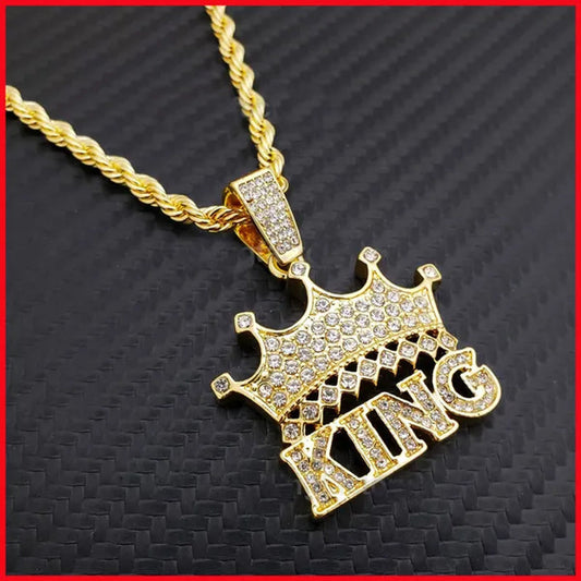 Hip Hop Iced  Lab Diamond CROWNED KING Pendant & 4mm 24" Rope Chain Necklace