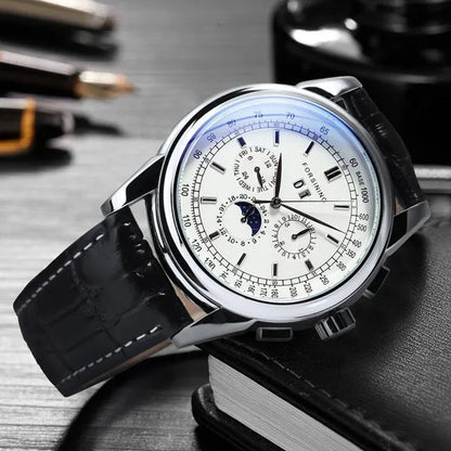 Forsining Moon Phase Shanghai Movement Rose Gold Case Brown Bracelet En Cuir Véritable Montres Pour Hommes Top Brand Luxury Auotmatic Watch with Gift Box