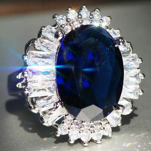 Silver Huge Oval Cut Natural Gemstones Sapphire Ring Wedding Birthstone Bride Engagement Bride Ellipse Ring Jewelry Band