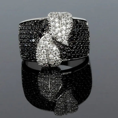 Ladies White and Black Sapphire 925 Sterling Silver Cocktail Women Wedding Leaf Ring Gifts
