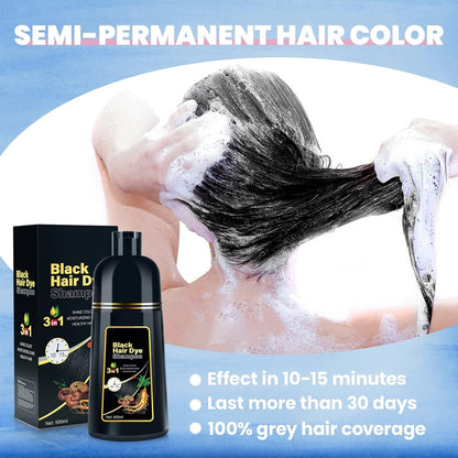 Hair Dye Shampoo for Gray Hair Coverage, 3 in 1 Natural Black Dye for Women Men, 500Ml