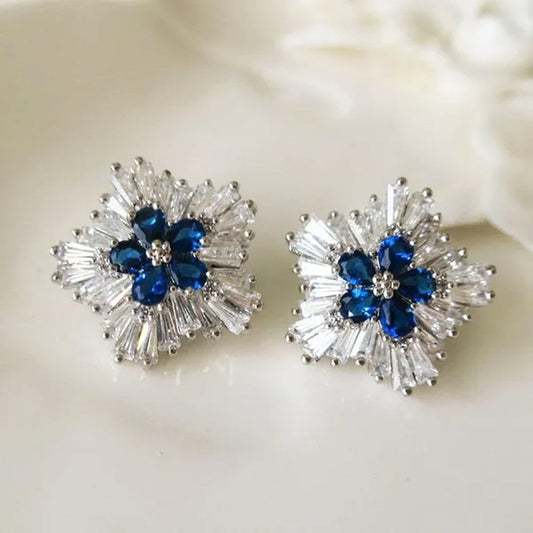 Charming Blue Sapphire Diamond Flower Stud Earrings for Women Enengagement Party Romantic Jewelry Lover Gifts
