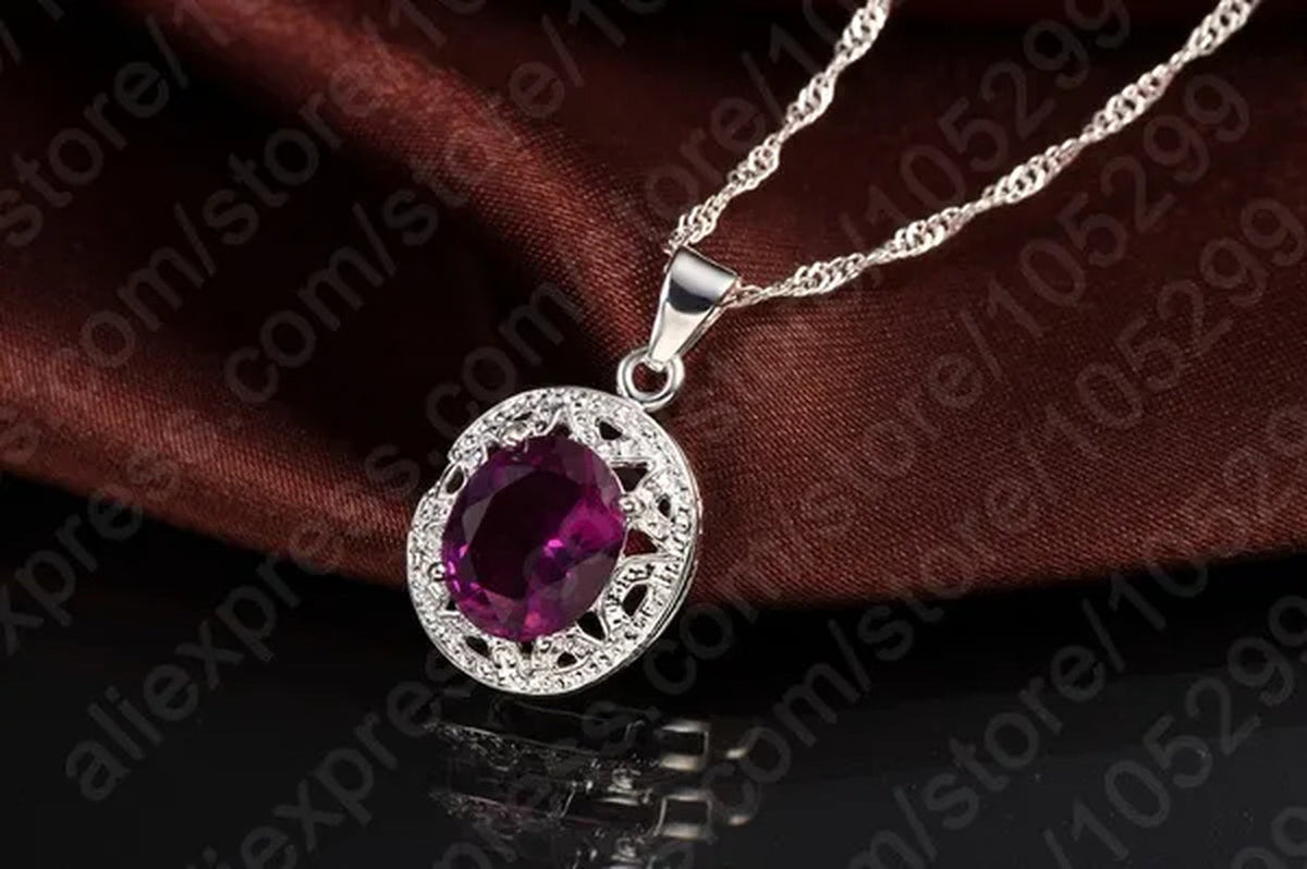 Amethyst Crystal Pendant Necklace Earrings Ring Cubic Zircon Trendy Party 925 Sterling Silver Jewelry Sets Women New Design