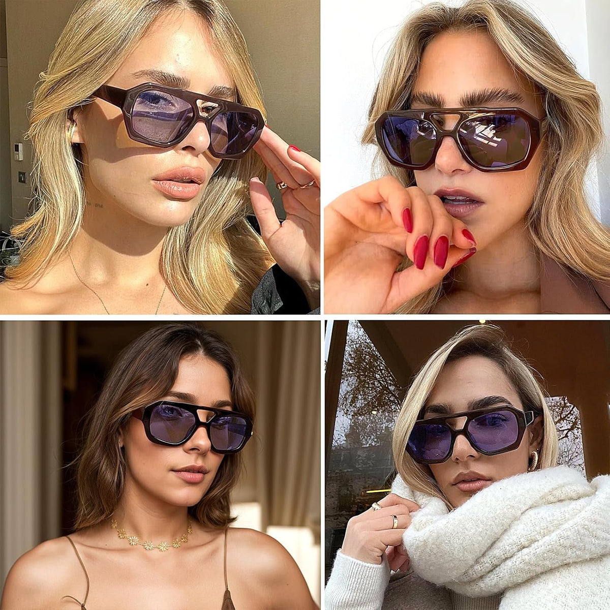 Trendy Designer Inspired Aviator Sunglasses for Women Men Hexagonal Square Thick Frame Double Bridge Sun Glasses