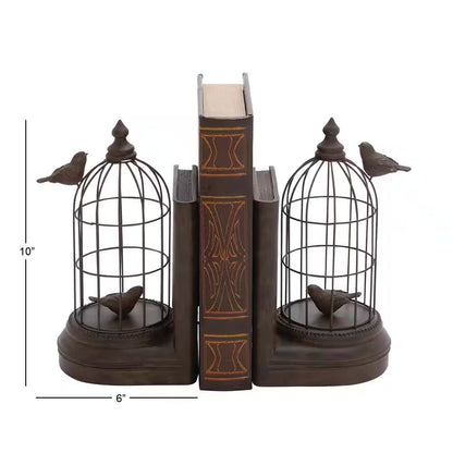 Black Metal Bird Bookends with Cages (Set of 2)