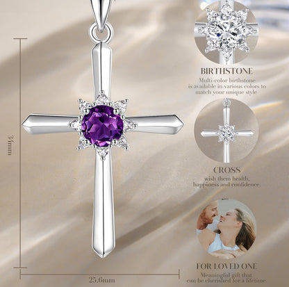 Birthstone Cross Necklace for Women Sterling Silver Birthstone Necklace Halo Infinity Cross Pendant Necklace Fine Jewelry Valentines Day Gifts Birthday Holiday Gifts for Her, 16"+2" Inches