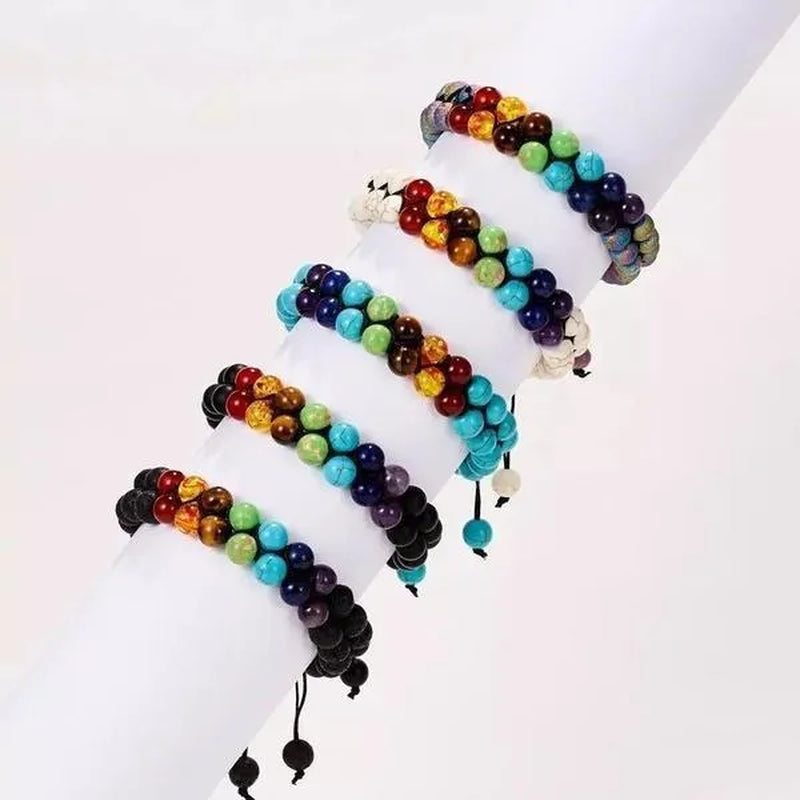 7 Chakra Bracelet Natural Healing Stones Beads Bracelet Double Layered Adjustable Macrame Woven Rope Chain Yoga Bracelet(4Colors)