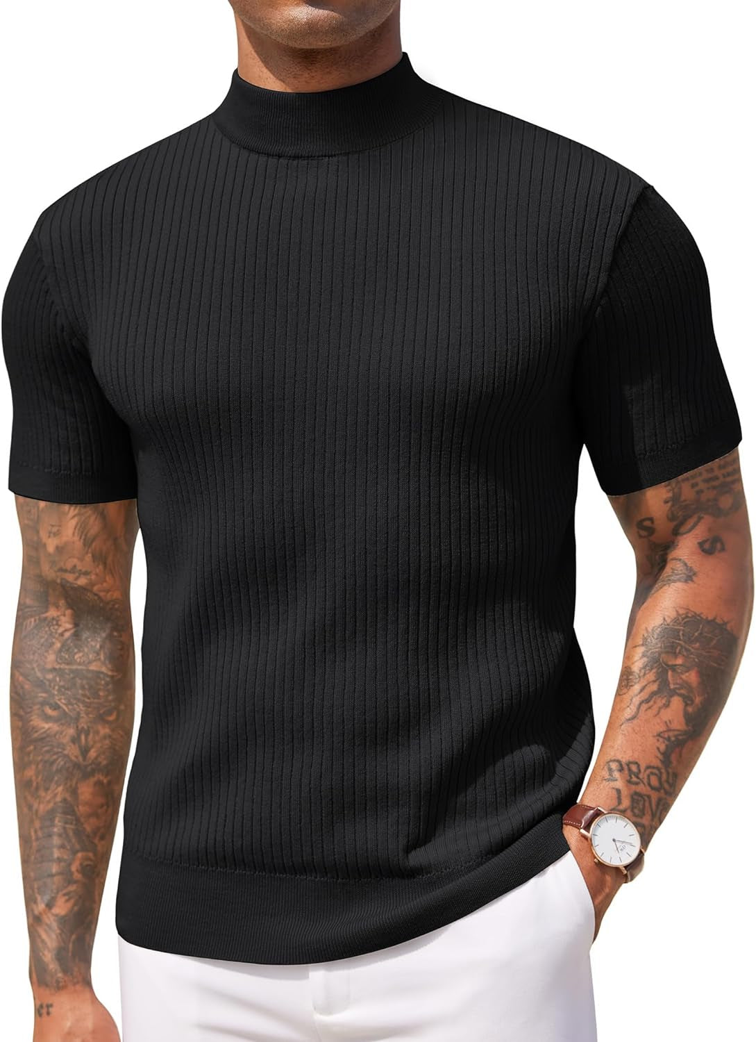 Men's Mock Turtleneck Sweater Short Sleeve Casual Basic Pullover Sweater Ribbed Knit Pullover Solid Tee