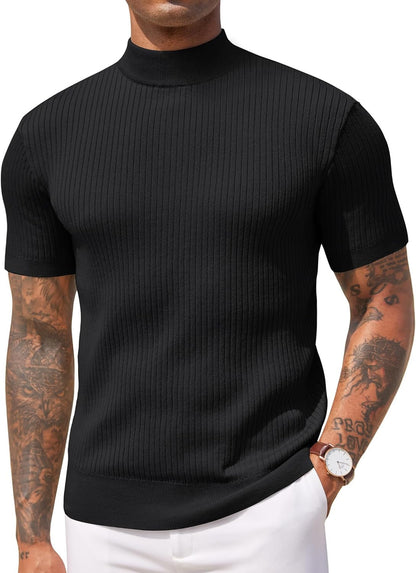 Men's Mock Turtleneck Sweater Short Sleeve Casual Basic Pullover Sweater Ribbed Knit Pullover Solid Tee