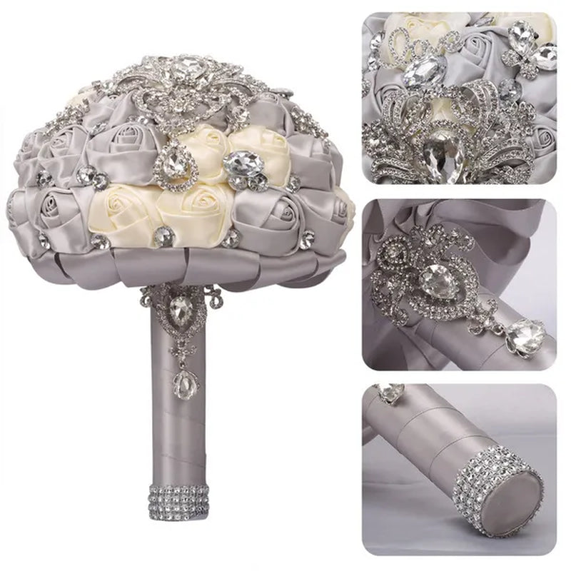 21CM Shiny Silver Rhinestone Brooch Bridal Bouquet Handmade Silk Rose Ribbon Diamond Wedding Flower Bouquet Bridesmaid Holding Flowers