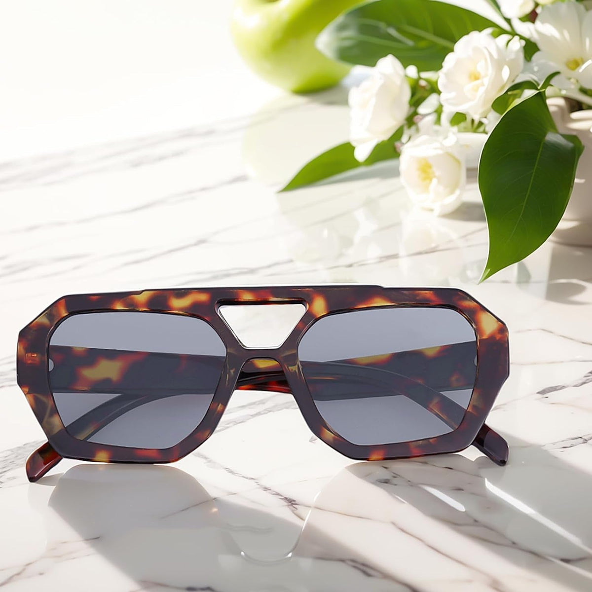 Trendy Designer Inspired Aviator Sunglasses for Women Men Hexagonal Square Thick Frame Double Bridge Sun Glasses