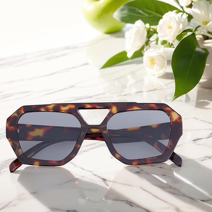 Trendy Designer Inspired Aviator Sunglasses for Women Men Hexagonal Square Thick Frame Double Bridge Sun Glasses