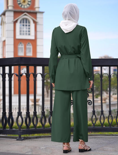 Abayas for Women Muslim 2 Pieces Set Long Sleeve Loose Top Pants Eid Ramadan Dubai Islamic Muslim Clothes with Belt