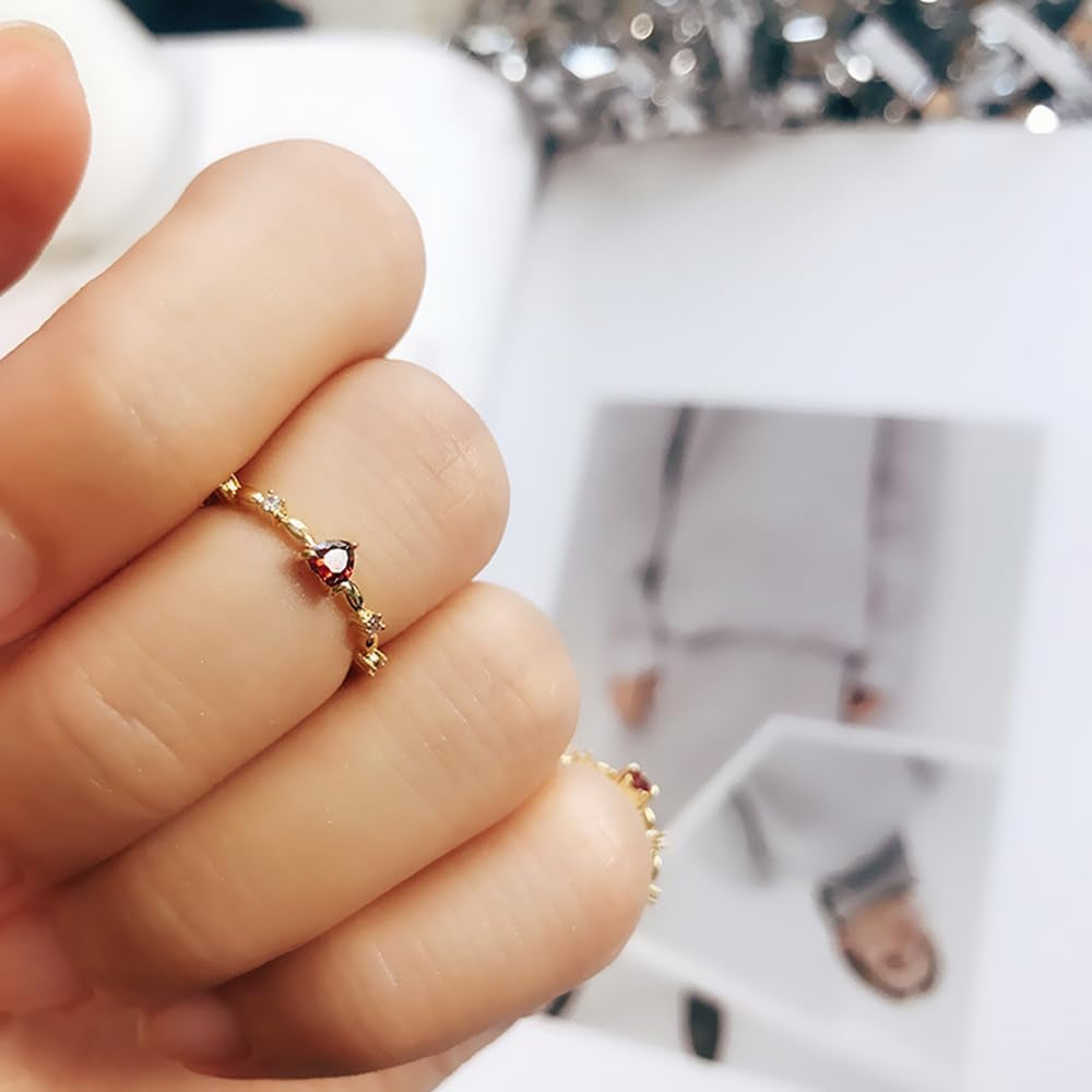 14K Gold Red Ruby Love Heart CZ Crystal Diamond Rings Fairy Style Elegant Red Zircon Peach Heart Ring Women Anniversary Engagement Wedding Gemstone Rings for Women Size 6-10(10)