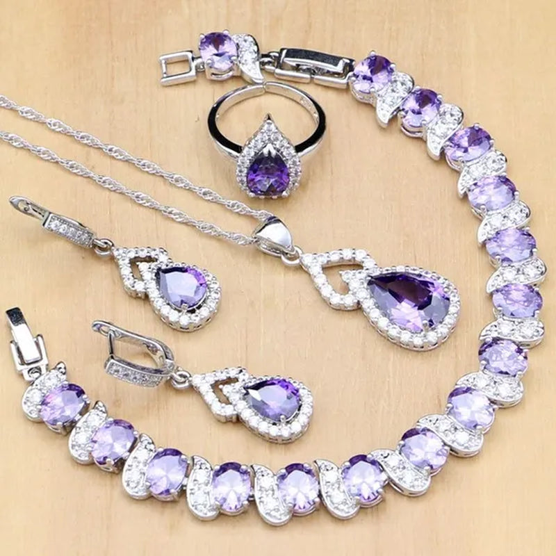 Natural Silver 925 Jewelry Purple Amethyst Jewelry Set For Women Earrings/Pendant/Necklace/Open Rings/Bracelet