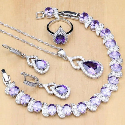 Natural Silver 925 Jewelry Purple Amethyst Jewelry Set For Women Earrings/Pendant/Necklace/Open Rings/Bracelet