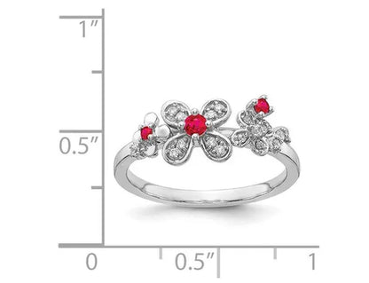 1/8 Carat (ctw) Natural Ruby Flower Ring in 14K White Gold with Diamonds