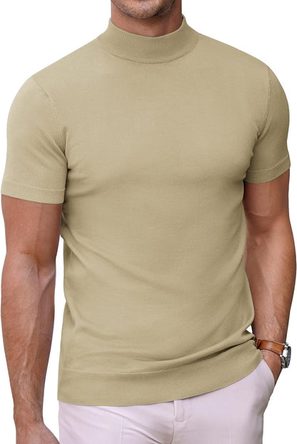 Mens Mock Turtleneck Sweater Short Sleeve Solid Color T-Shirts Basic Slim Fit Knitted Pullover Tees
