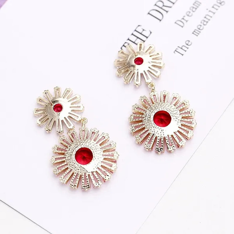 CANDICE High Quality 18K Yellow Gold Plating Gorgeous Women Pink Flower Dangling Earrings Pave Clear Red Cubic Zirconia Dancing Party Jewelry Accessories
