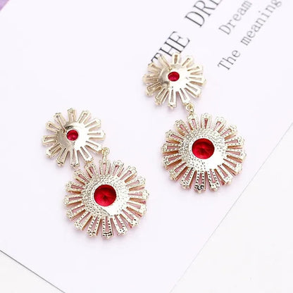 CANDICE High Quality 18K Yellow Gold Plating Gorgeous Women Pink Flower Dangling Earrings Pave Clear Red Cubic Zirconia Dancing Party Jewelry Accessories