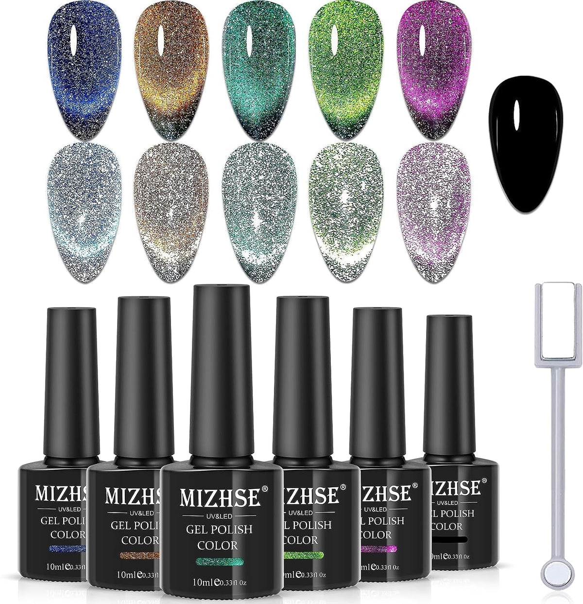 9D Cat Eye Gel Nail Polish, Magnetic Cat Eye Gel Polish Set, 10ml*6 with 2 Magnets, Classic Colors Chameleon Magic Galaxy Effect Soak off Nail Art - Sparkle Stunning Gel Polish Gift for Women