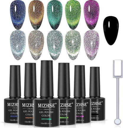 9D Cat Eye Gel Nail Polish, Magnetic Cat Eye Gel Polish Set, 10ml*6 with 2 Magnets, Classic Colors Chameleon Magic Galaxy Effect Soak off Nail Art - Sparkle Stunning Gel Polish Gift for Women