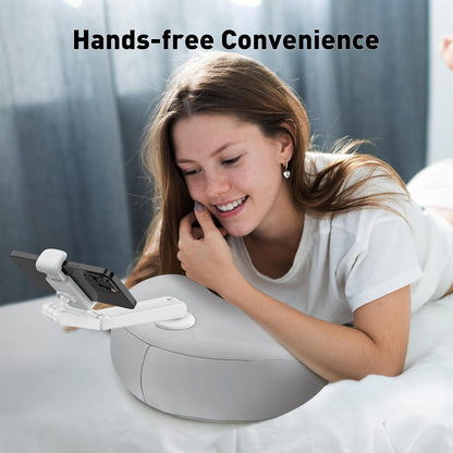 Pillow Phone Holder for Bed, 360° Bed Phone Holder Laying Down, Hands-Free Iphone Stand for Bed/Sofa/Lap, Compatible W/ 4.7"-7.0" Cell Phones, Flexible Dual Arm with Microbead Cushion