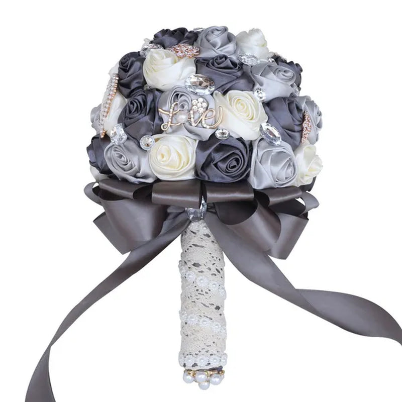 20CM Simulation Silk Rose Wedding Bouquet Diamond Pearl Brooch Bridal Bouquets Romantic Bridesmaid Holding Flowers