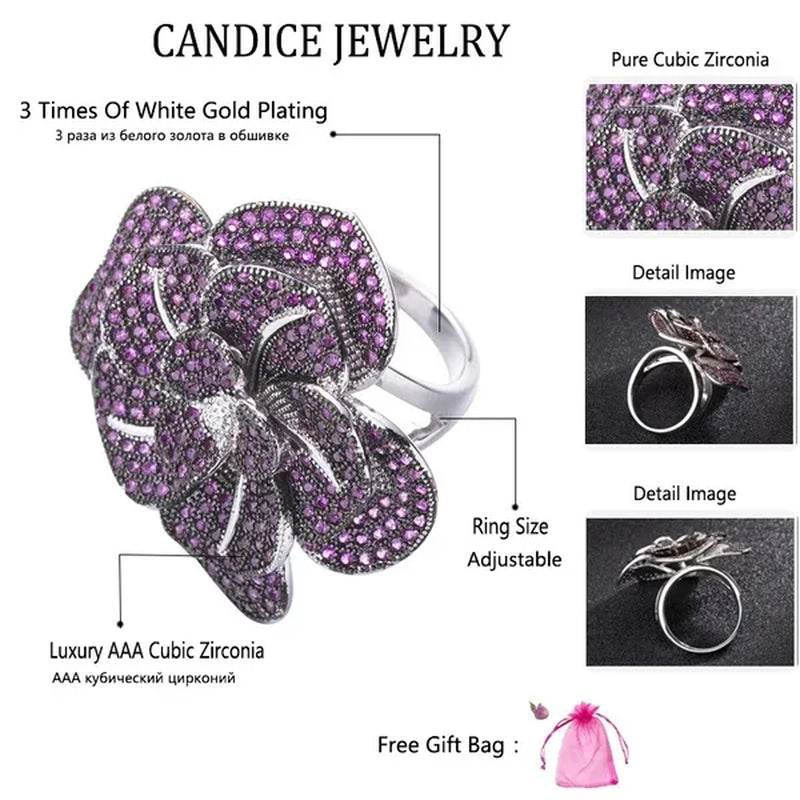 CANDICE High Quality White Gold Plated Micro Inlaid Rose Red AAA CZ Crystal 3D Big Flower Exaggerated Cocktail Party Ring for Women Costume Jewelry