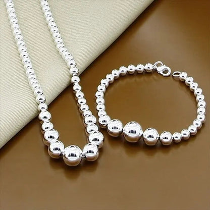 High Quality 925 Sterling Silver Fashion Elegant Smooth Bead Round Necklace Bracelet Jewelry Sets Fine Jewelry