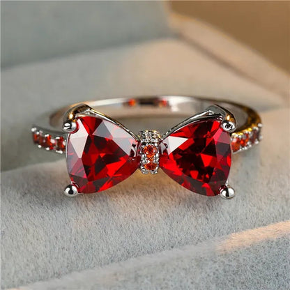 Fashion Women Girl Garnet Red Ruby Bow Ring 18K White Gold Bride Princess Wedding Engagement Jewelry Gifts