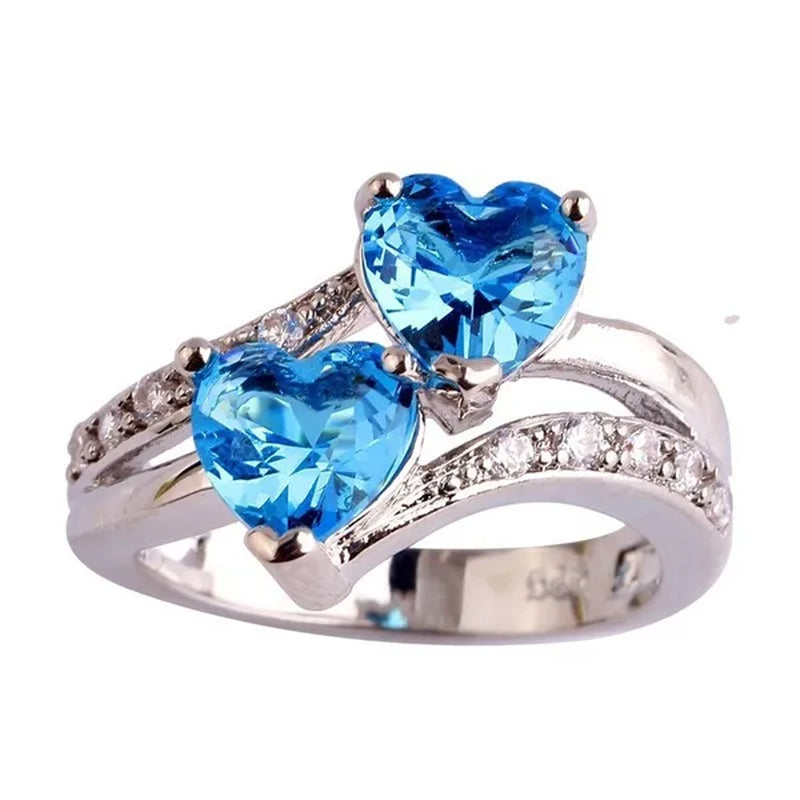 Exquisite 925 Sterling Silver Double Love Heart Rings Natural Sapphire Gemstones Crystal Diamond Wedding Engagement Ring Jewelry Accessories