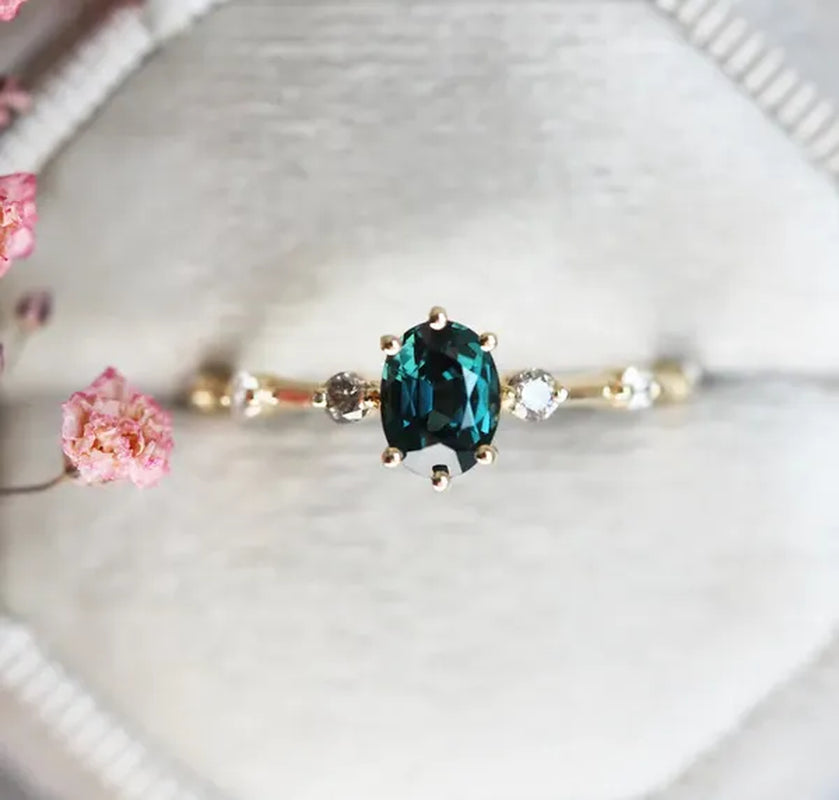 Teal Sapphire Ring, Peacock Engagement Ring, Ceylon Sapphire Diamond Ring, Oval Blue Ring