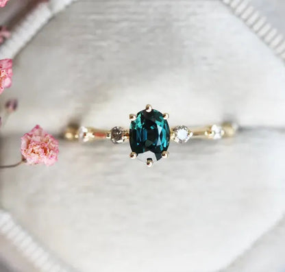 Teal Sapphire Ring, Peacock Engagement Ring, Ceylon Sapphire Diamond Ring, Oval Blue Ring