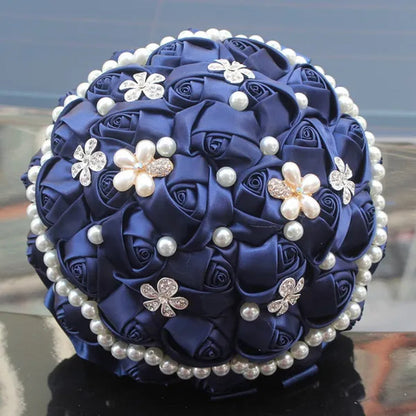 18CM Dark Blue Wedding Bouquet Pearl Diamond Brooch Bride Holding Flowers Artificial Silk Rose Bridesmaid Flower Bouquet Fake Flower